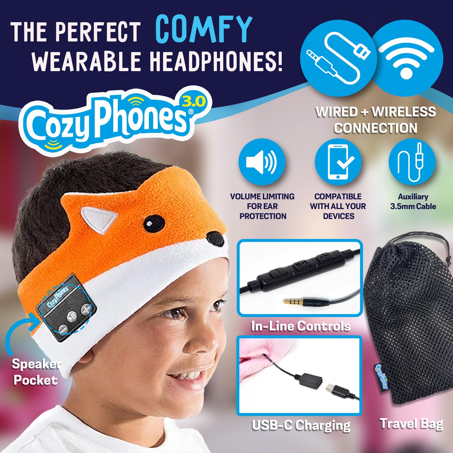 CozyPhones 3.0 Wireless / Wired Headband Headphones