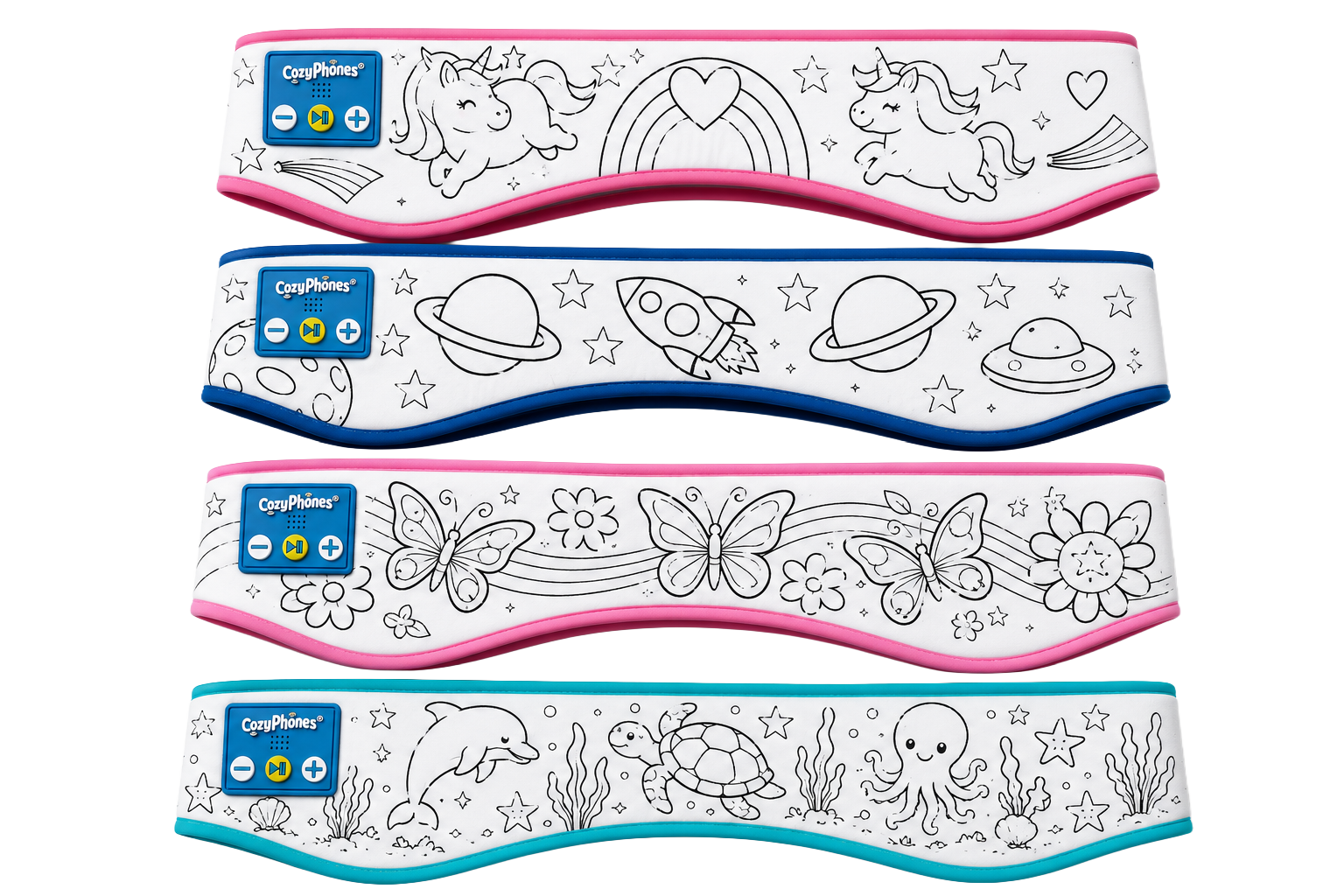 CozyPhones Color Me! headbands in four designs: Unicorns, Space, Butterflies, and Under the Sea
