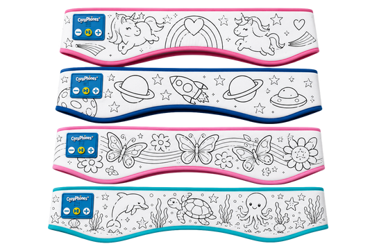 CozyPhones Color Me! headbands in four designs: Unicorns, Space, Butterflies, and Under the Sea